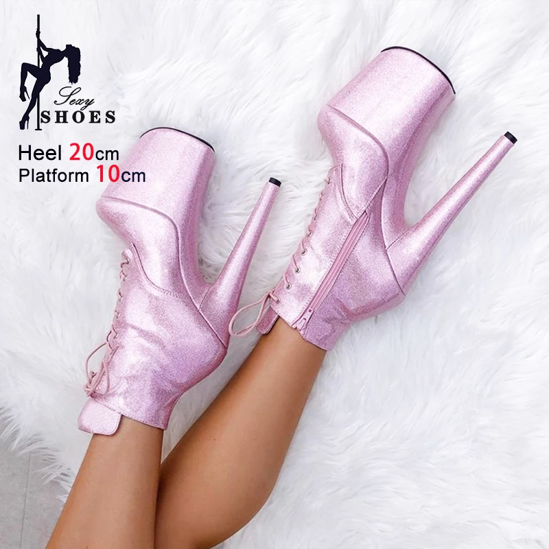 

Новинка 2023 года, женские ботильоны на очень высоком каблуке 20 см/8 дюймов, противоскользящая платформа, ботильоны для ночного клуба, туфли для танцев на пилоне, блестящая модель, обувь для танцев на пилоне