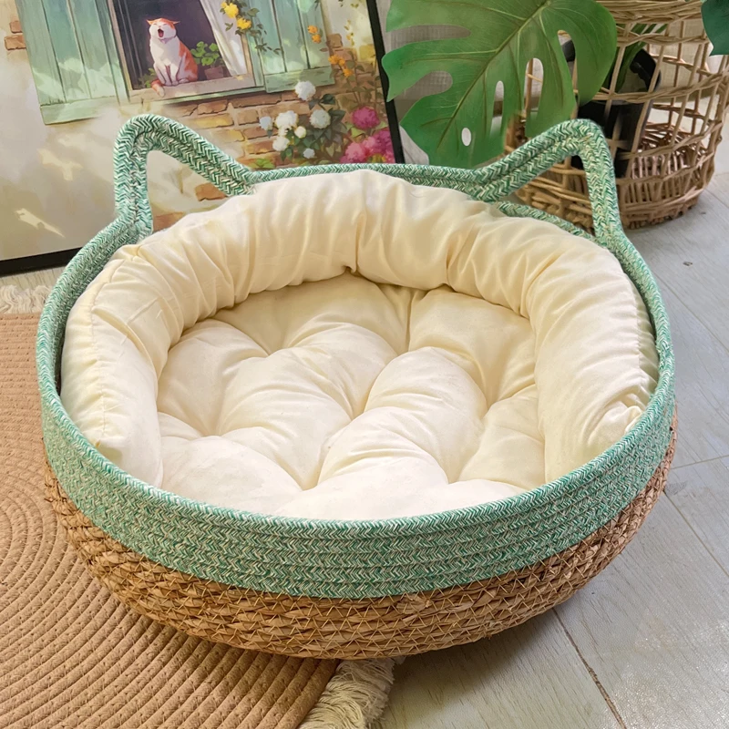

YOKEE-Rattan Woven Cat Bed, 4 Season, Scratching Board, Washable Rabbit Litter, Cat Supplies, Removable Cushion, Sleeping House