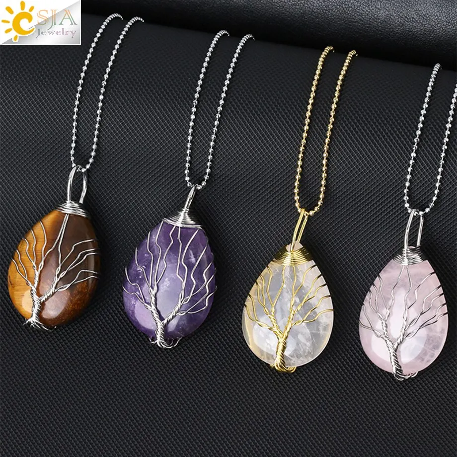 drzewo życia kryształy naszyjnik wisiorek w kształcie kropli wody naturalne kamienne naszyjniki drut Wrap Rose ametysty kwarcowy tygrysie oko naszyjnik kamienie naturalne awenturyn  naszyjnik kamień kwarc różowy G953