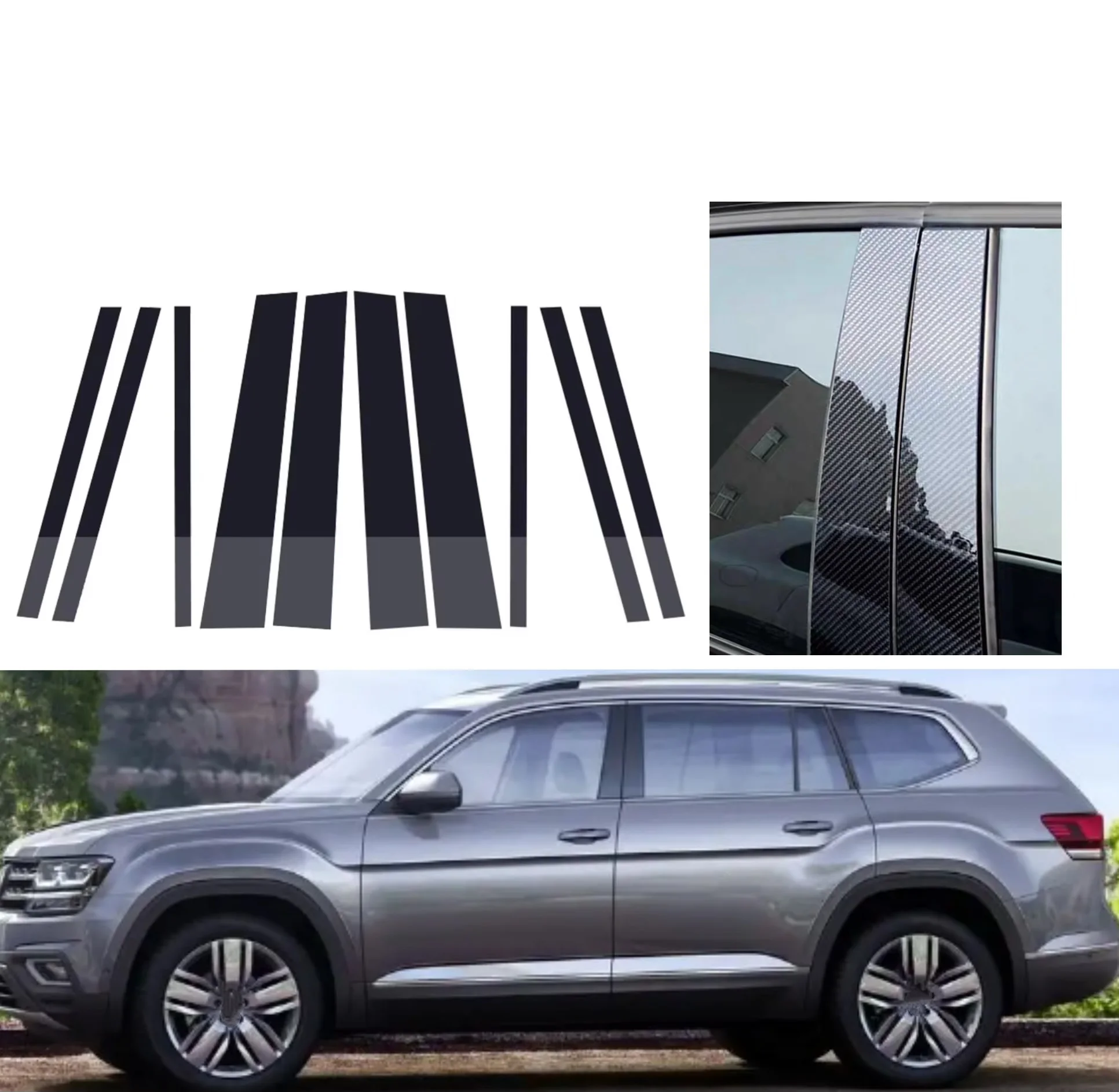 

10PCS Glossy Black Silver Carbon Pillar Post Fit For Volkswagen Teramont Atlas 2017-2021Door Window Column BC Trim Sticker Cover