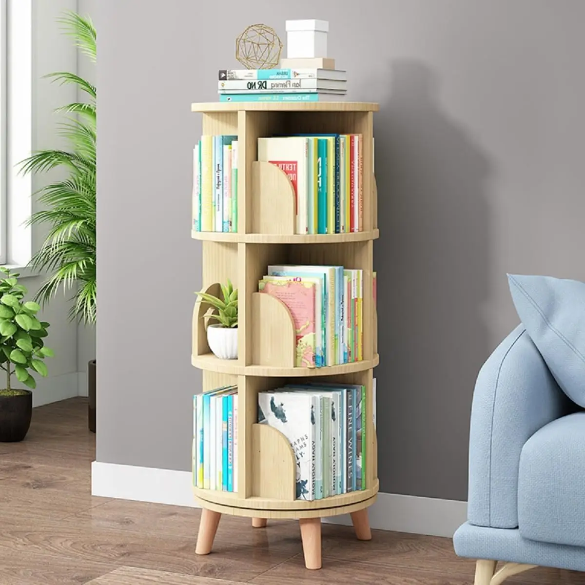 3 Tier Rotating Bookshelf with Legs, Revolving Bookcase Standing Kids Rotating Bookshelf Wood Bookcase Round