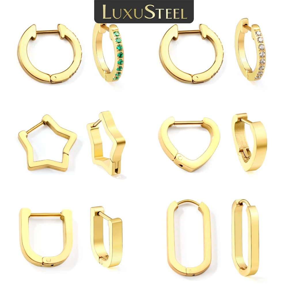LUXUSTEEL Star Shape Metal Hoop Earrings Geometry Stainless Steel Stud Earrings for Women Girls Golden Female Earring Jewelry