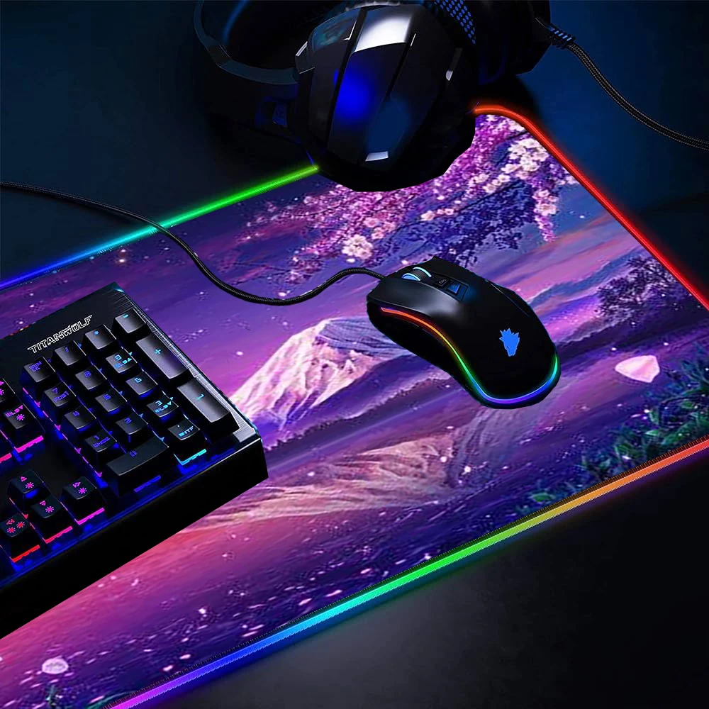 Paarse Muismat Gaming Accessoires Mount Fuji Sakura Custom Deskmat Led Tapijt Kersenbloesem Mousepad Gamer 90X40 Backlit Mat