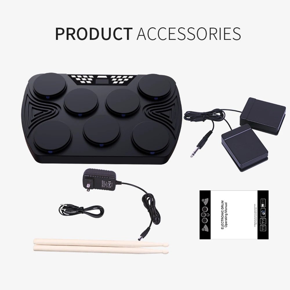 IRIN Electronic Drum Set 7 Velocity-Sensitive Pads Tabletop Drum Built-in 2 Speakers Stereo Rechargeable Portable Drum Pad