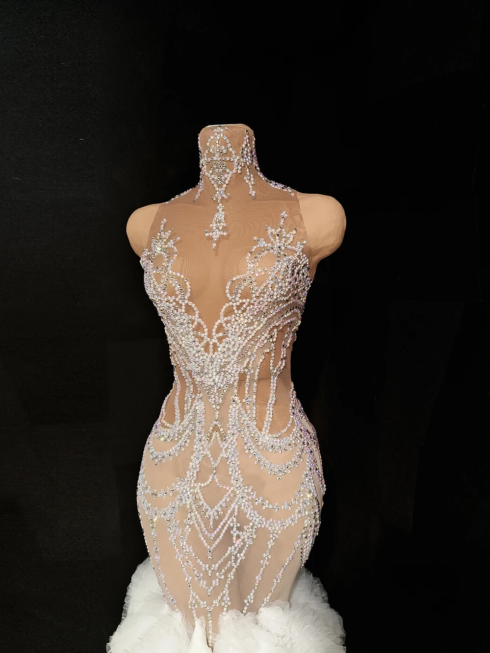 Compleanno Festeggia la festa Abito da sera con strass scintillanti Abito lungo sexy elegante trasparente a rete con sirena bianca Gongzhu