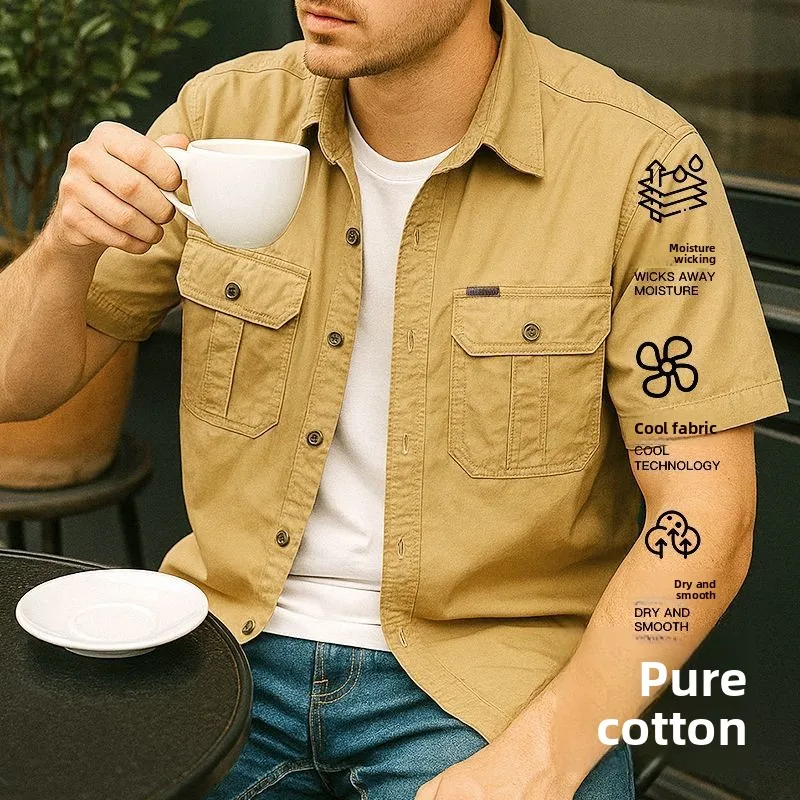 

Men's Summer Short Sleeve Shirt Thin Pure Cotton Casual Workwear Slim Fit Business Casual Style Breathable Sweat Absorbent