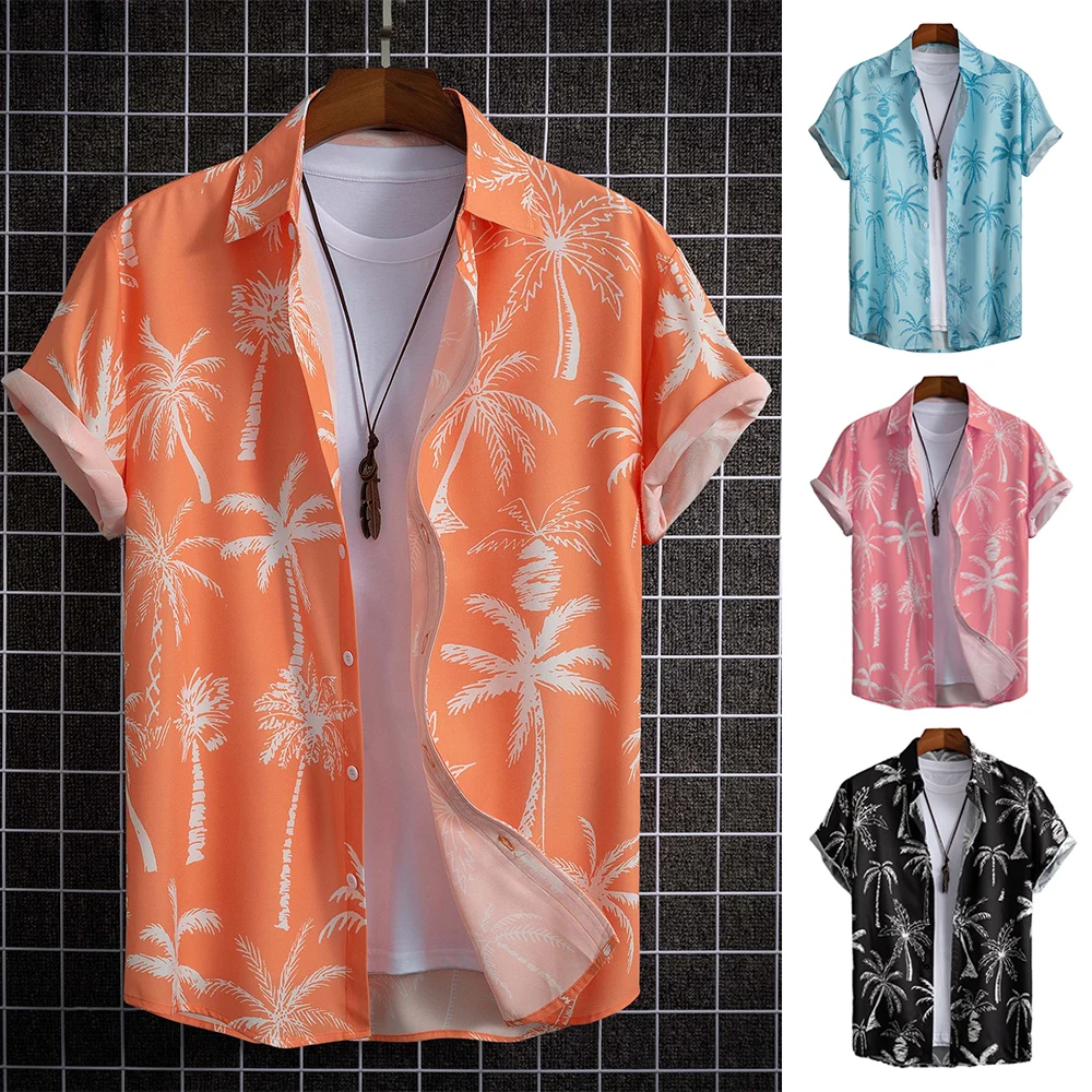 Men\'s Hawaiian Shirt Lapel Button Fashion Printing Short Sleeve Flower Shirt Retro Hong Kong Summer Holiday Beach Shirt Orange