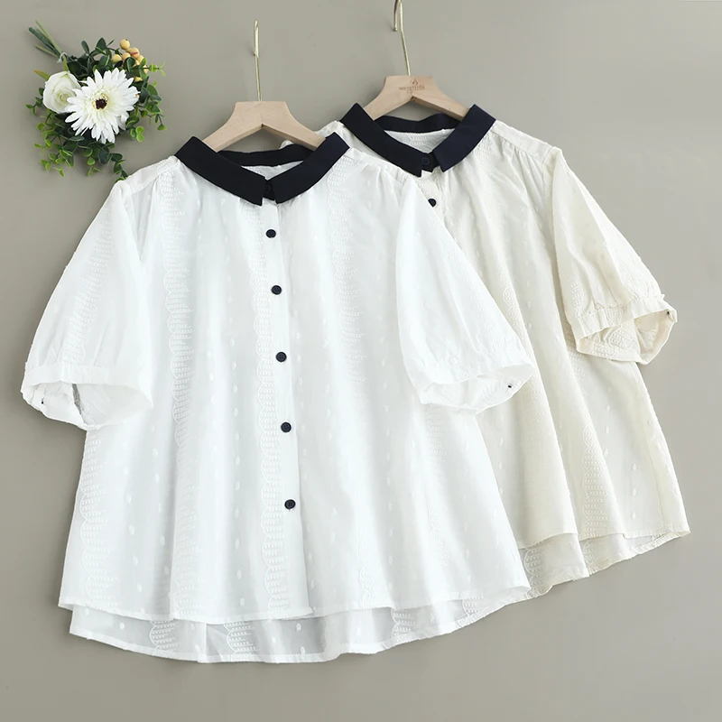 

Summer Japanese Mori Girl Contrast Lapel Sweet Embroidery Shirt Women Short Sleeve Single Breasted Casual Loose Blouse Tops