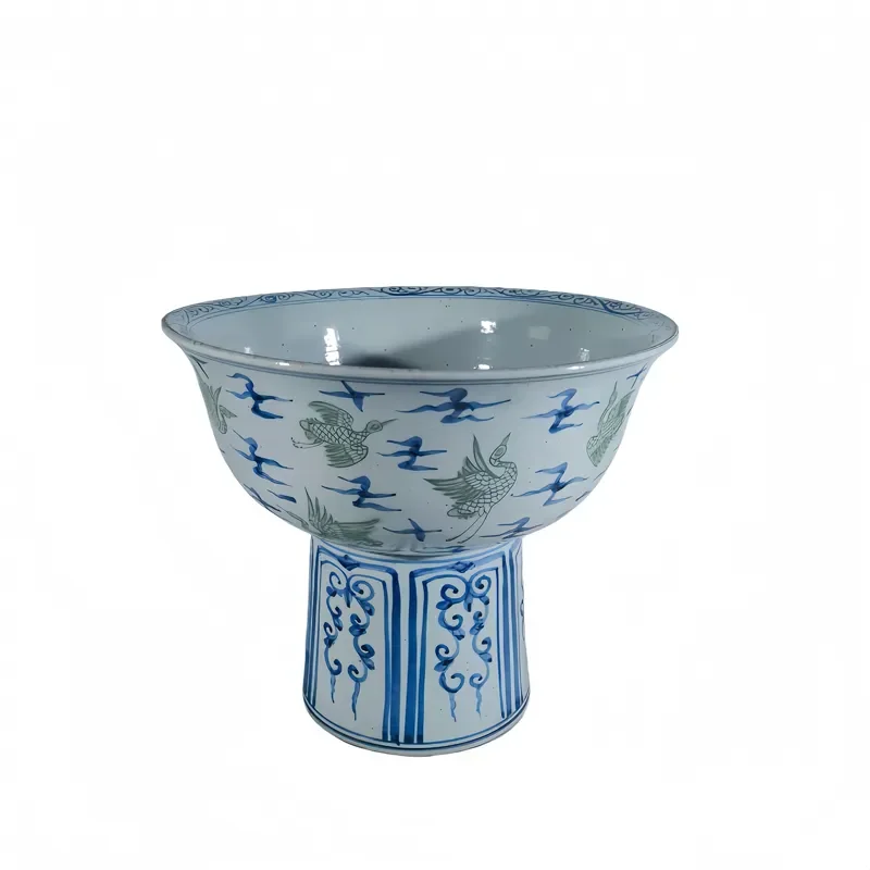 Jingdezhen Hand-painted Blue White Green Glaze Crane Cloud Pattern Stem Bowl Art Deco Design Eco-Friendly Ceramic Home Decor