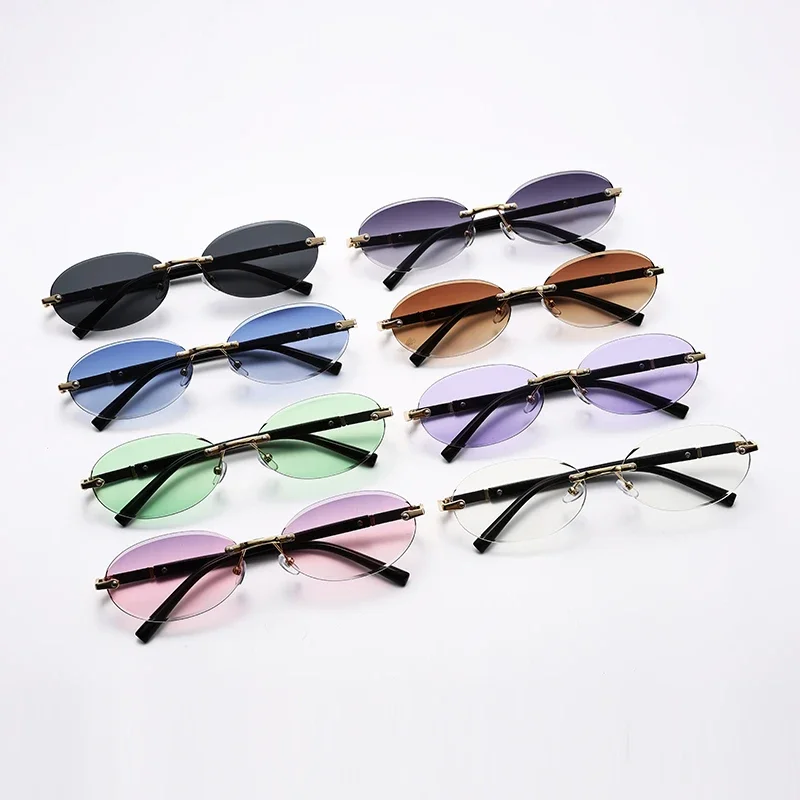 Personalized Oval Frame Sunglasses Retro Women Men Metal High-end Sunglasses Luxuy Frameless Trimming Traveling UV400 Sunglasses