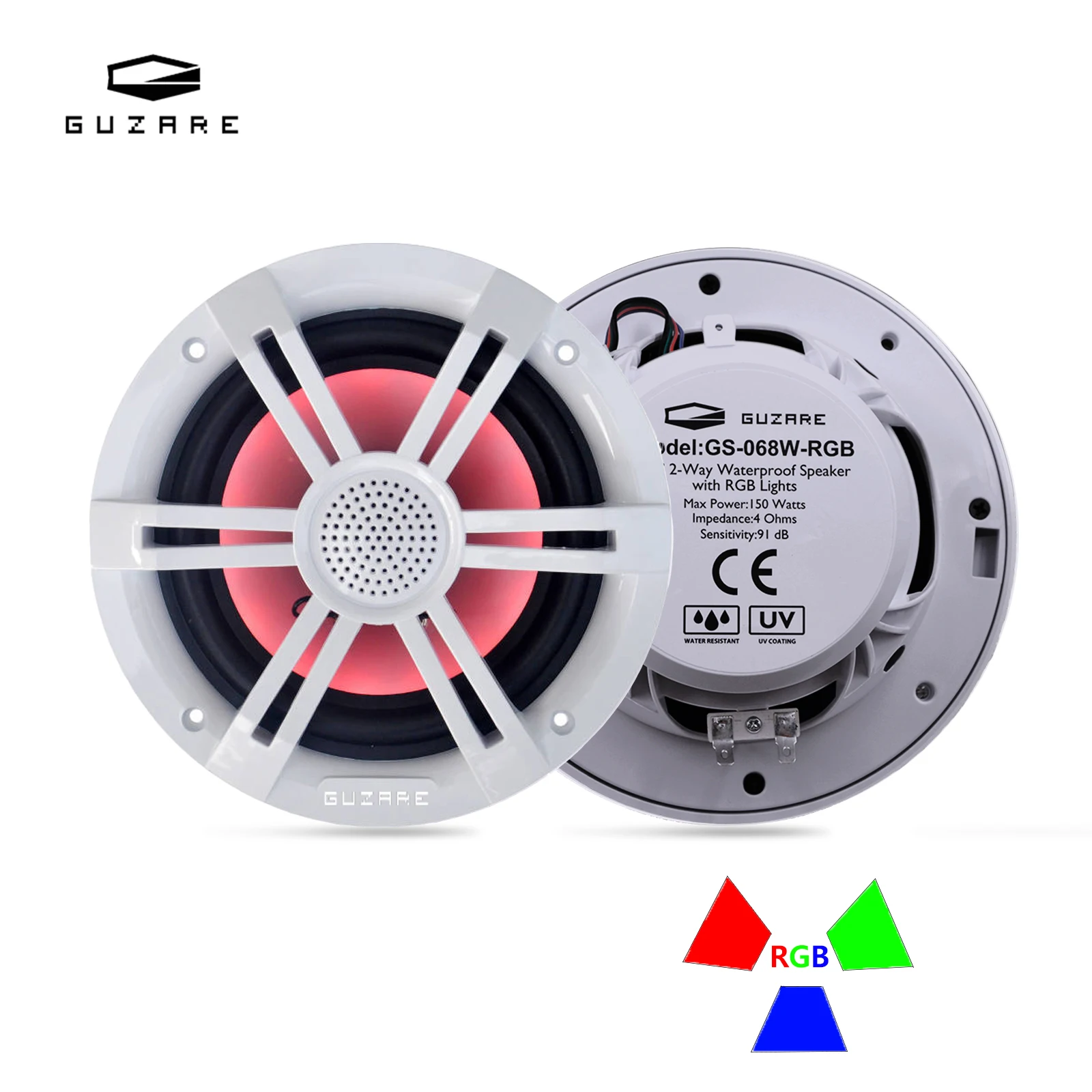 GUZARE Marine Speakers with RGB Lights,150Watts*2Pcs,IP66 Waterproof,White,for Boat / Home Music Party