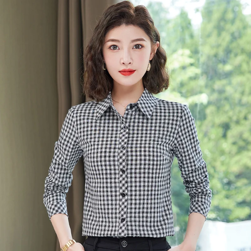 Camicia Slim Fit in cotone a maniche lunghe da donna in puro cotone di nuova moda primavera e autunno per il tempo libero Versatile Plaid Bottom Top Lady