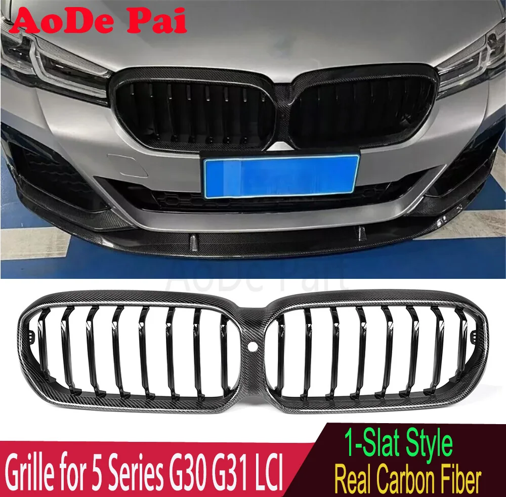 1-Slat M Performance Style Carbon Fiber Front Bumper Grille Mesh Hood for BMW 5 Series G30 G31 LCI 2021 2022 2023