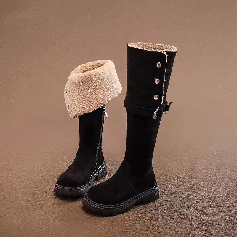 

Children Comfortable Over-Knee High Fashion Boots Girl's Foldable Thick Heel Rough Texture Round Toe Korean Autumn Pure Color