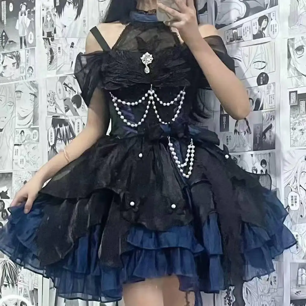 Japanese Sweet Princess Dress Women Lolita Suspender Dress Elegant Butterfly Pearl Beads Bow Trailing Puffy Mini Dresses