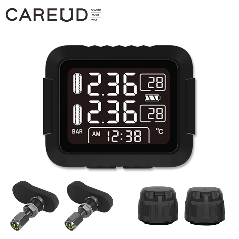 CAREUD Wireless Motorcycle TPMS Tire Pressure Monitoring System Wireless Transmission LCD Display With Internal/External Sensors