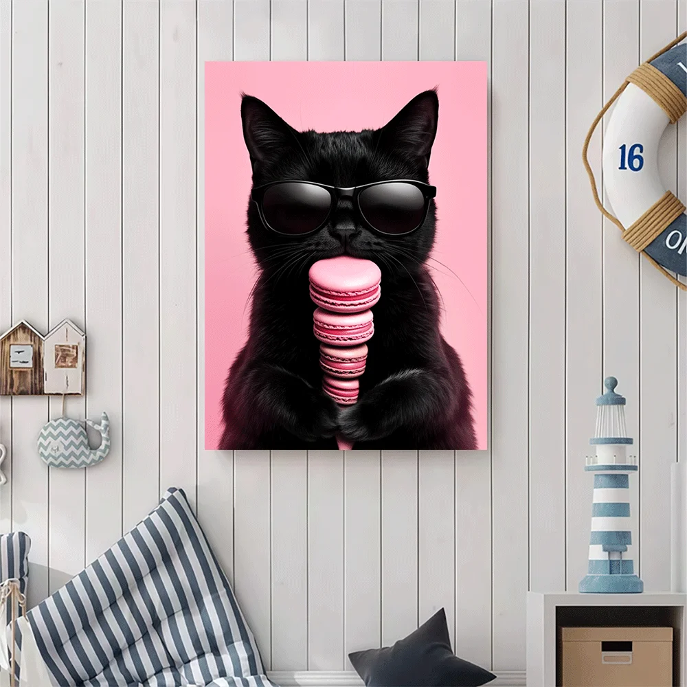 1PC-Canvas poster Unframed  Black Cat Wearing Sunglasses Holding Pink Macarons Art Print  summer