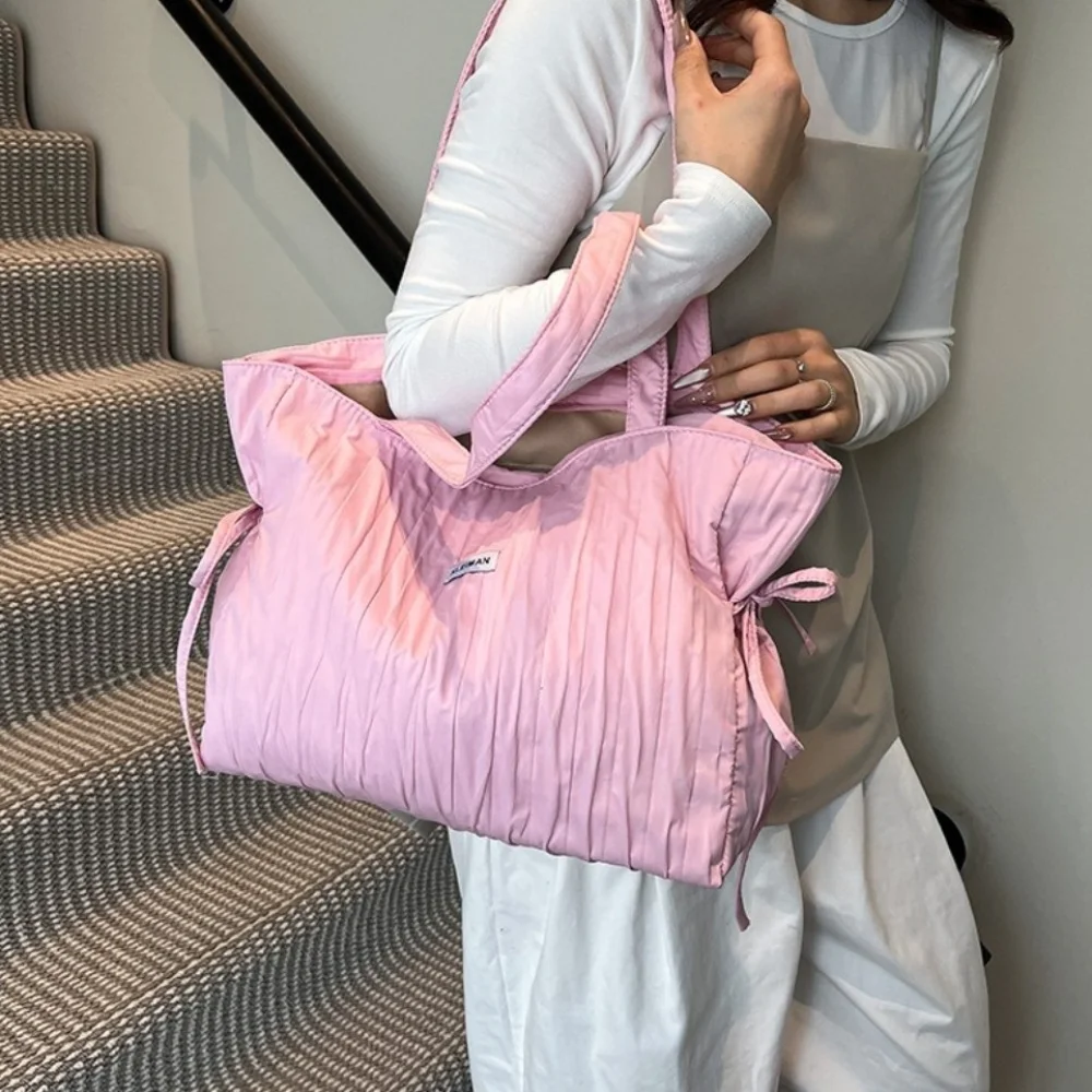 

Simple Solid Color Women's Wrinkle Totes Bag High Capacity Leightweight Single Shoulder Bag Zipper Casual Underarm Bag Students