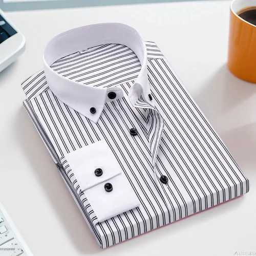 Imagen 2 del producto Camisa blanca de manga larga para hombre, corte ajustado, cuello Windsor, botones negros, Khmer cómoda y de alta calidad