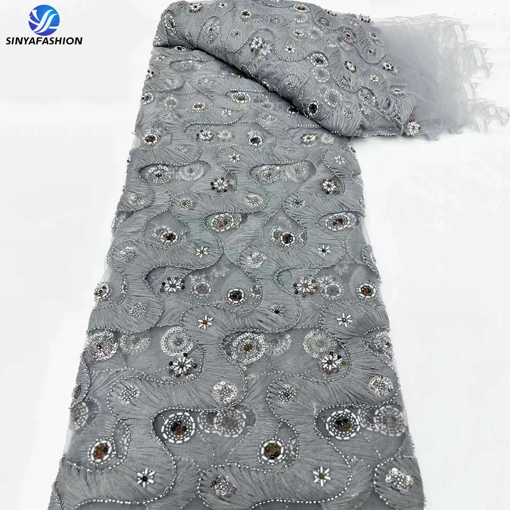 

Sinya Gray African Diamond Beads Sequins Lace Fabric High Quality Wedding Bridal Beaded Lace Fabric Luxury 5 Yards For Dress Sew