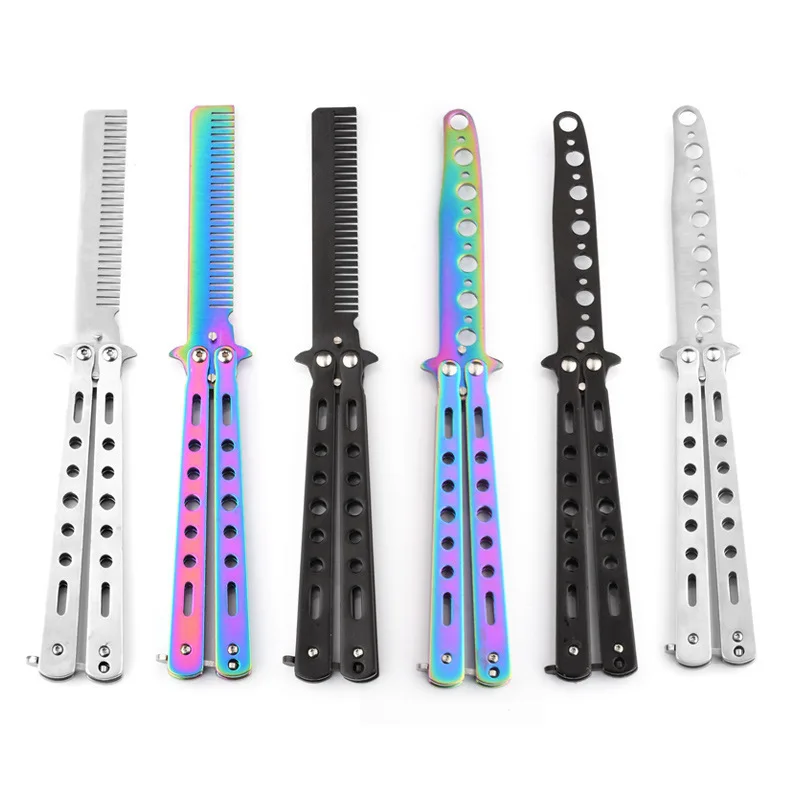 Butterfly Knife Stainless Steel Practice Training Butterfly Knife Comb Foldable Comb Beard Brush Salon Hair Styling Tools