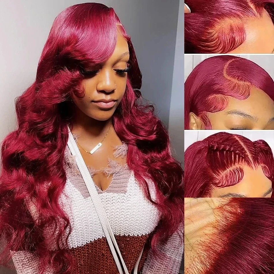 HD 99J Burgundy 4x4 Lace Closure Wig Body Wave Red Colored Human Hair Wigs 13x4 HD Transparent Lace Frontal Wig For Black Women