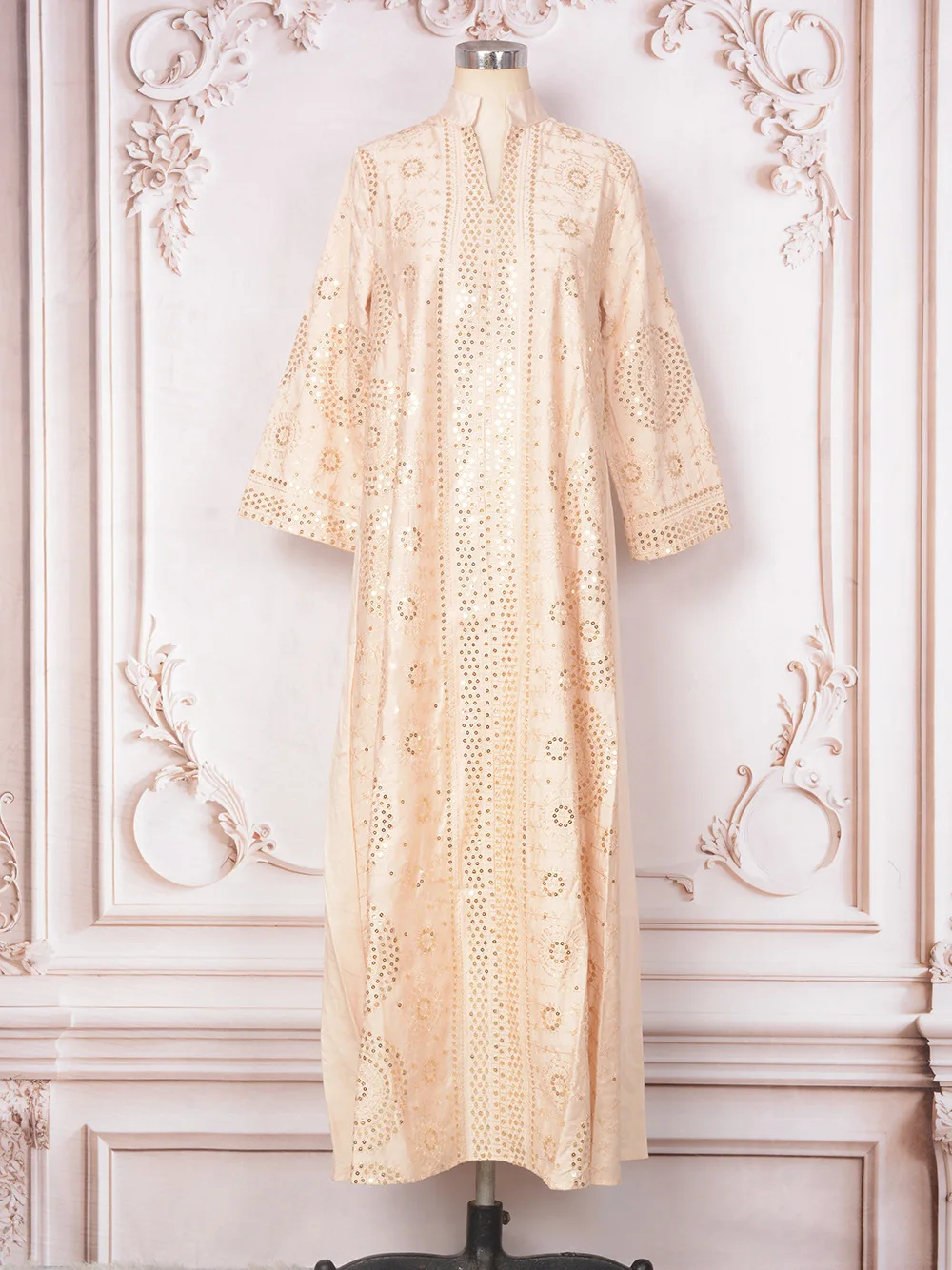 

Uni Luxury Sequins Patchwork Maxi Dress Muslim V-Neck Stylish Abaya Moroccan Kaftan Dubai Elegant Casual Clothing