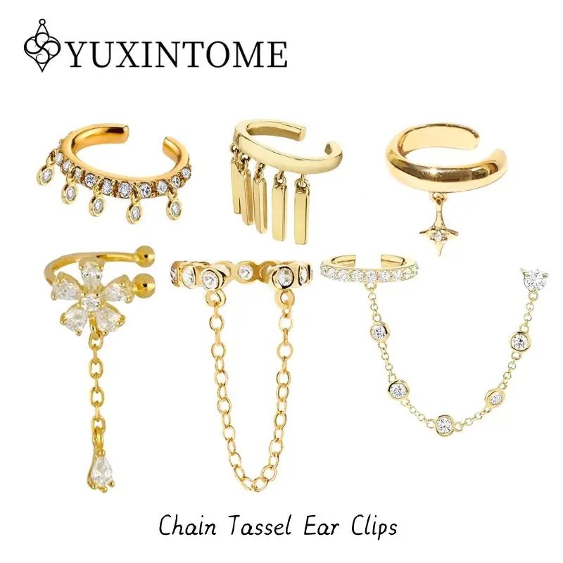 

YUXINTOME New Round Zircon Chain Tassel Ear Clip For Women 18K Gold Plated Earrings retro Fashion Party Jewelry Gift