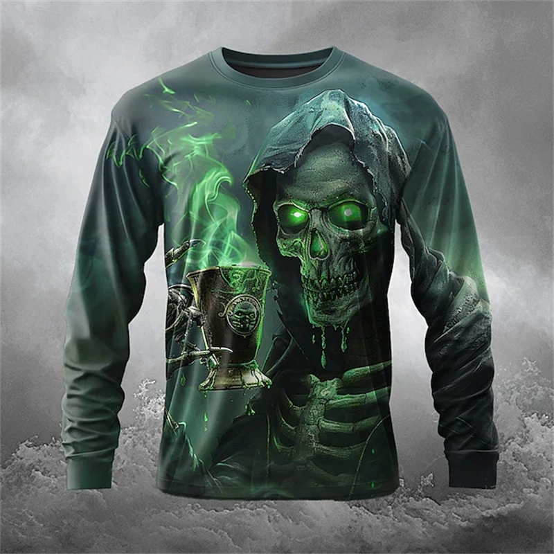 

2025 Halloween-themed Men's Long-sleeved Hoodie Autumn and Winter Round-neck Poisoned Wine Skull Pattern Pullover Streetwear