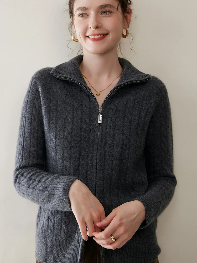 Sweter damski LOML ze 100% kaszmiru, rozpinany na podwójny zamek, golf, gruby sweter-płaszcz, miękki, dzianinowy w warkocze, wygodny top na jesień i zimę.