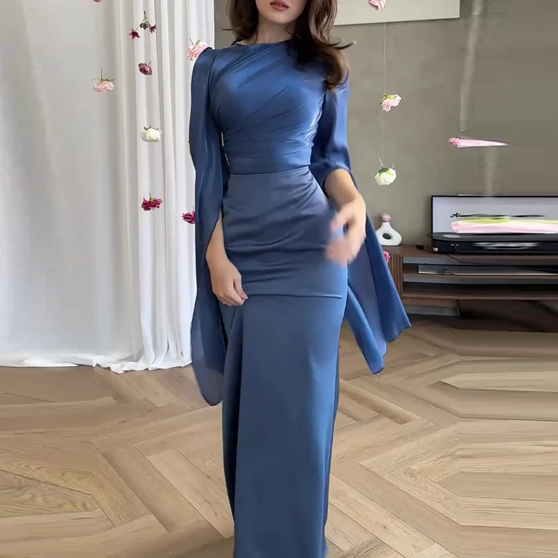 Robe longue élégante en Satin, manches chauve-souris, taille haute, plissée, mode, couleur unie, tempérament, col rond, Slim, Robe de soirée