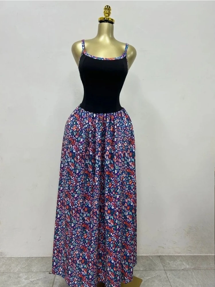 

Women Floral Printed Patchwork Strap Tank Maxi Long Dress 2025 Summer Beach Birthday Sexy Club Party Evening Dresses