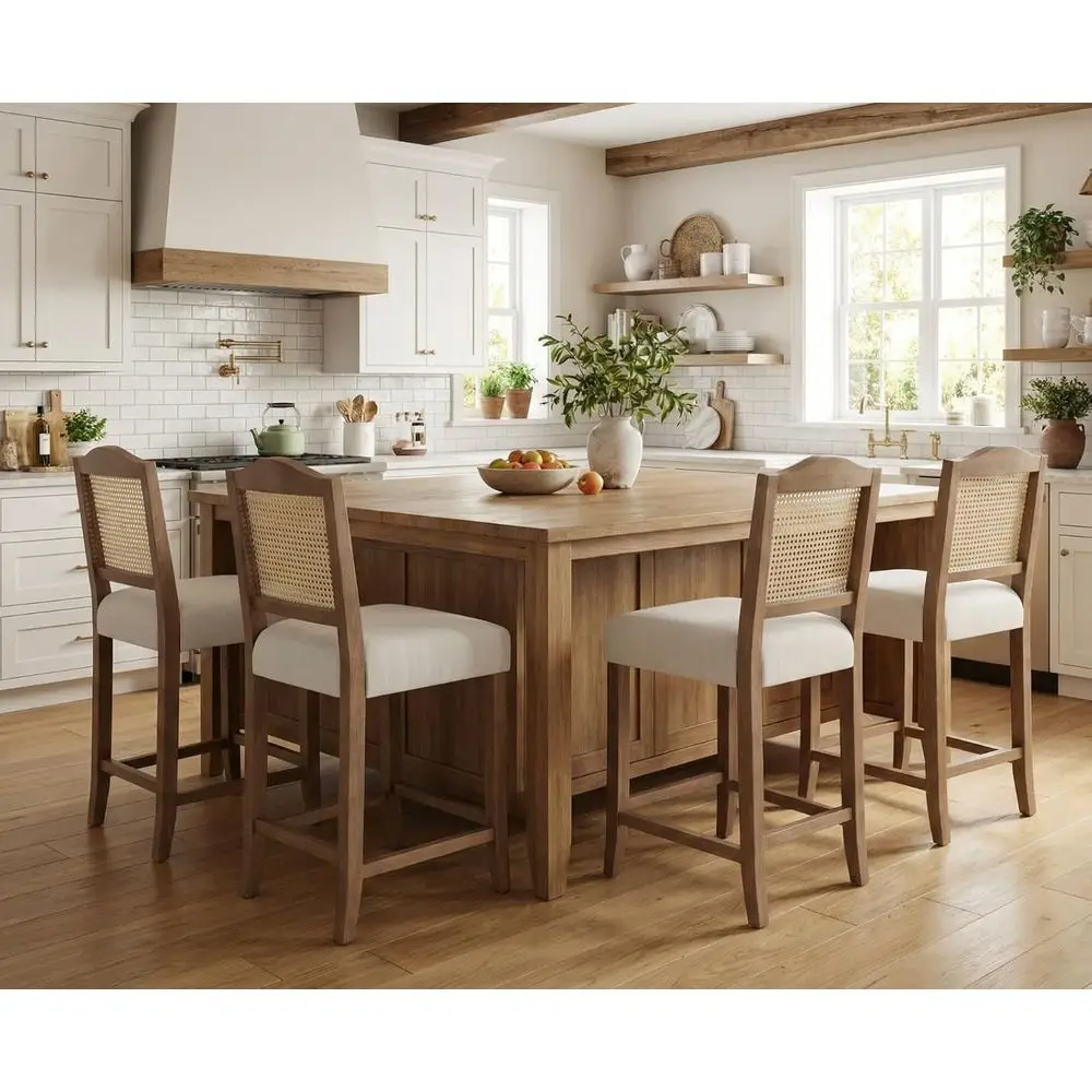 

Set of 4 Rattan Woven Bar Stools with Upholstered Seats and Wooden Legs for Kitchen/Dining Area, Linen Beige, 26.5 Height