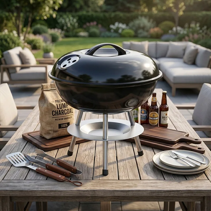 Portable Charcoal Kettle Grill with Lid and Tripod Stand Outdoor Camping Garden Barbecue Smoker for 2 to 4 People Black