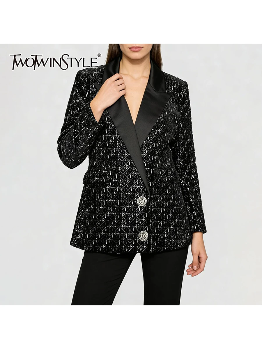TWOTWINSTYLE solide épissé paillettes blazers luxueux pour les femmes revers manches longues Patchwork boutons élégant Blazer femme nouveau