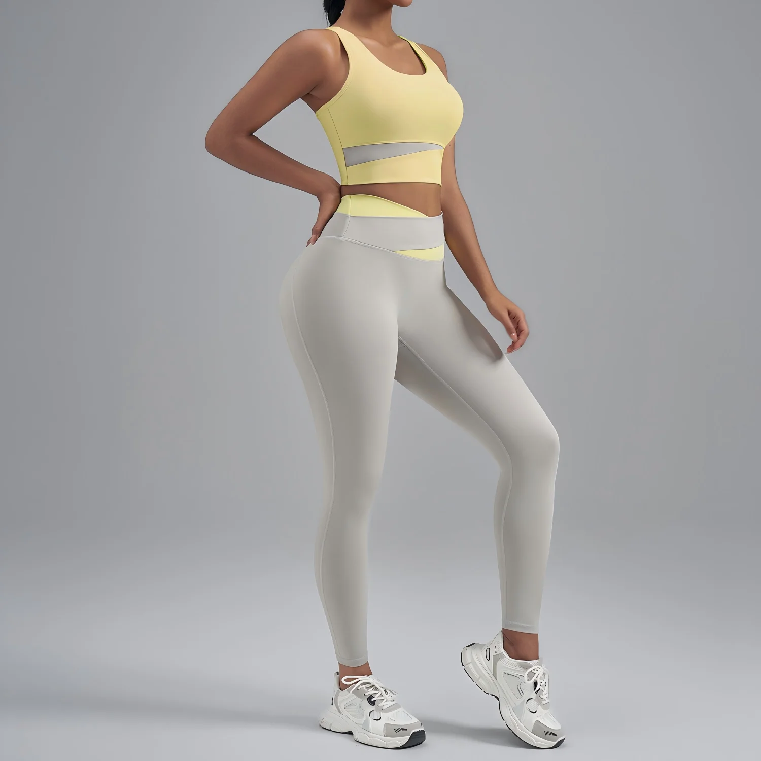 Women's Color Block Yoga Set Two Piece Shockproof High Stretch Gym Workout Sportswear Peach Butt Tight Fitness Clothing