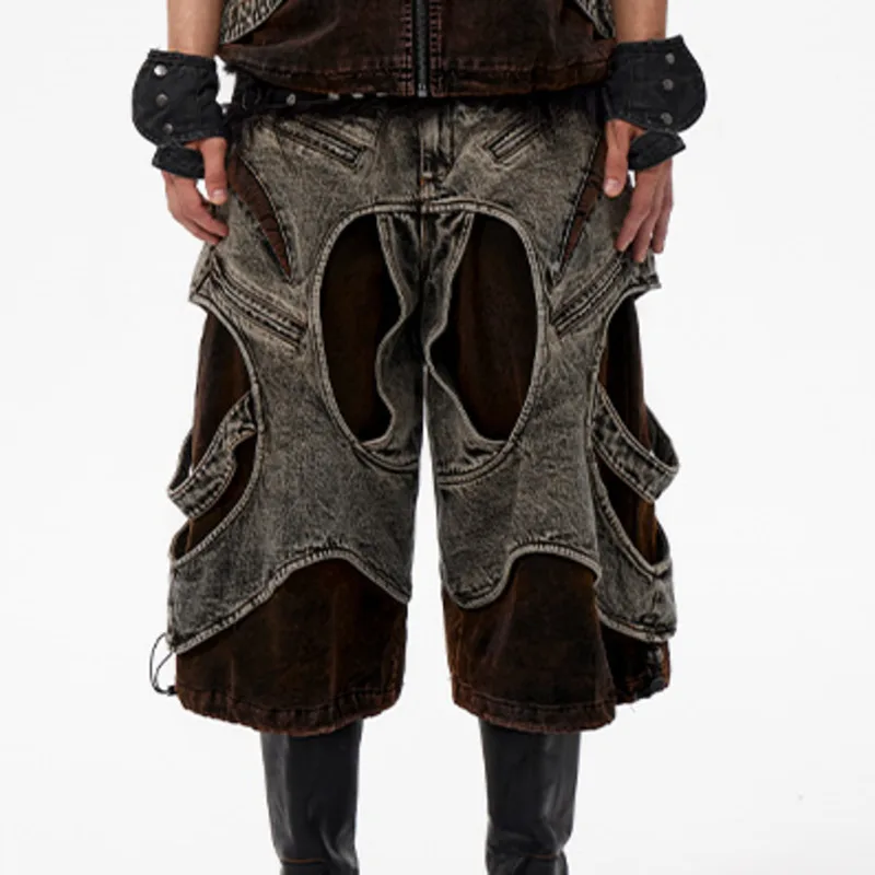 HKSH صيف جديد الرجال المد قطعتين هيكل تصميم تحسس Capris الدنيم الأمريكية شارع العليا موضة المرقعة السراويل Ins HK5252