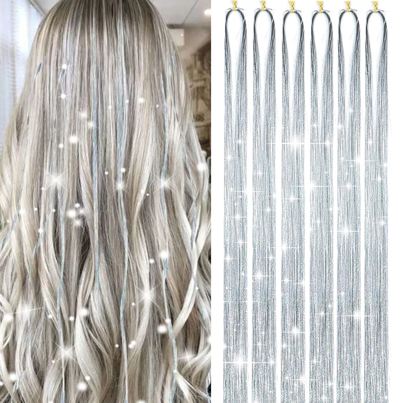 

Synthetic 6PCS Sparkle Shiny Tinsel Hair Extensions Colored Long Straight Tinsel Kit 1200 strands Hairpiece for Girls Party Use