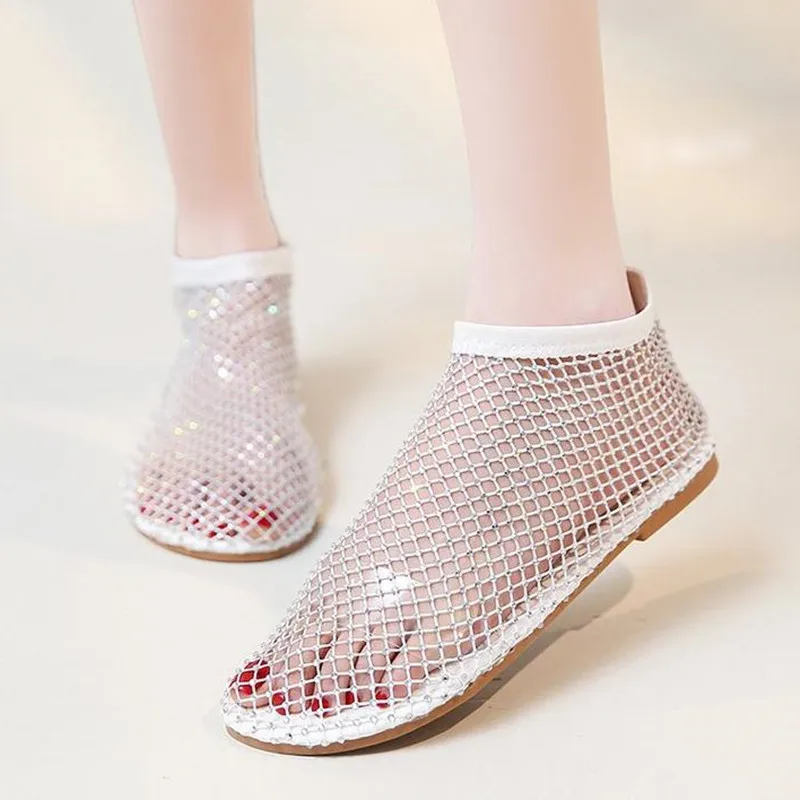 

New Women Luxury Brand Round Toe Flat Bottom Sandals Hollow Short Boots Water Diamond Sexy Flat Bottom Shoes Sandalias De Mujer