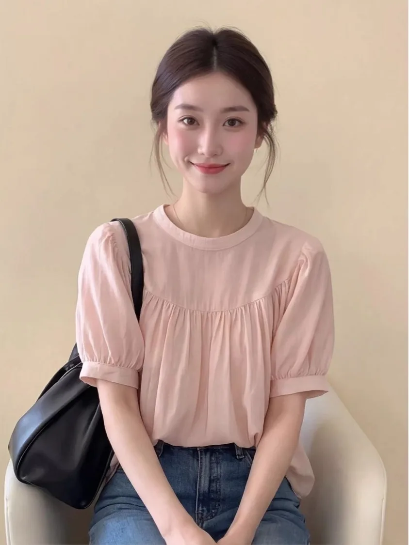 Elegant Bubble Sleeve Shirt Short Sleeve Women's Commute Casual Versatile Top for Daily Wear Straight Cut Gathered Design