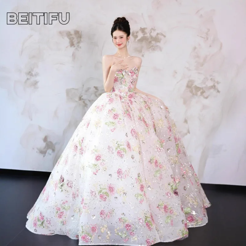 

BeitifuBaby платья женские вечерние Vestidos De Fiesta сверхпрочная юбка трапециевидной формы с аппликацией свадебное платье без бретелек банкетное бальное платье