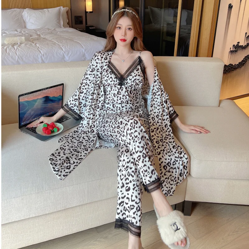 Women\'s 3 Piece Pajamas Sets Leopard Print Pijama Faux Silk Satin Pyjama Female Sleepwear Long Sleeve Shirt Cami Pants Homewear