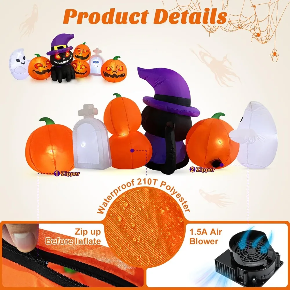 Halloween Inflatables Outdoor Decorations - Blow Up Cat & Pumpkin Lanterns with Tombstone Ghost Halloween