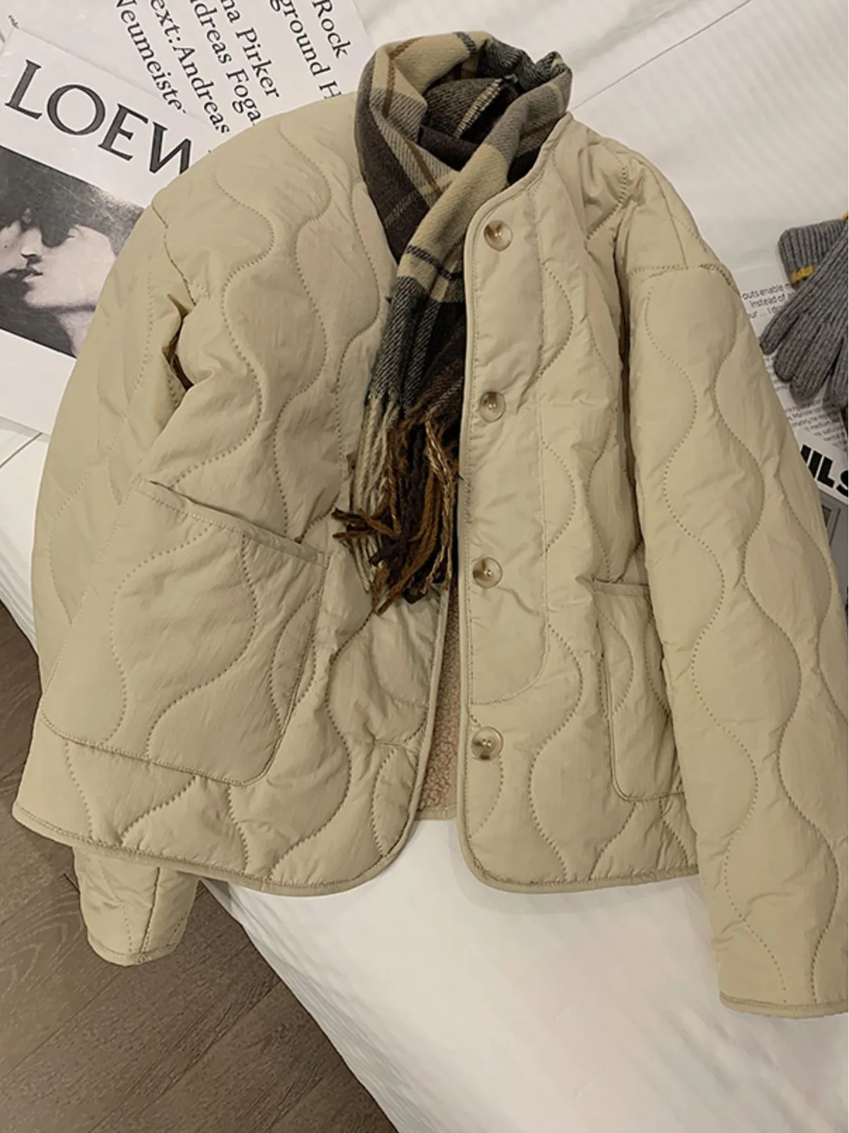 Ladies Thickened round Neck Short Jacket Korean Style Loose Fit Cotton Coat Retro Diamond Pattern Brandless Commute Fashion