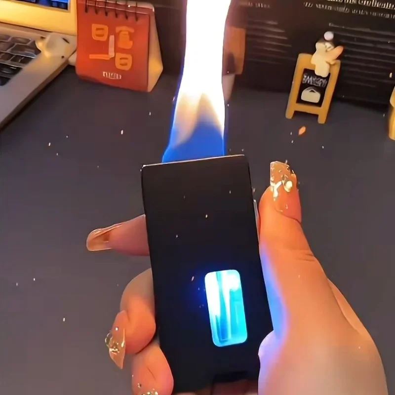 2025 NEW Open Fire Butane Gas Metal Lighter LED Visible Gas Window Sensing Shake Ignition Electric Lighter Smoking Men's Gift