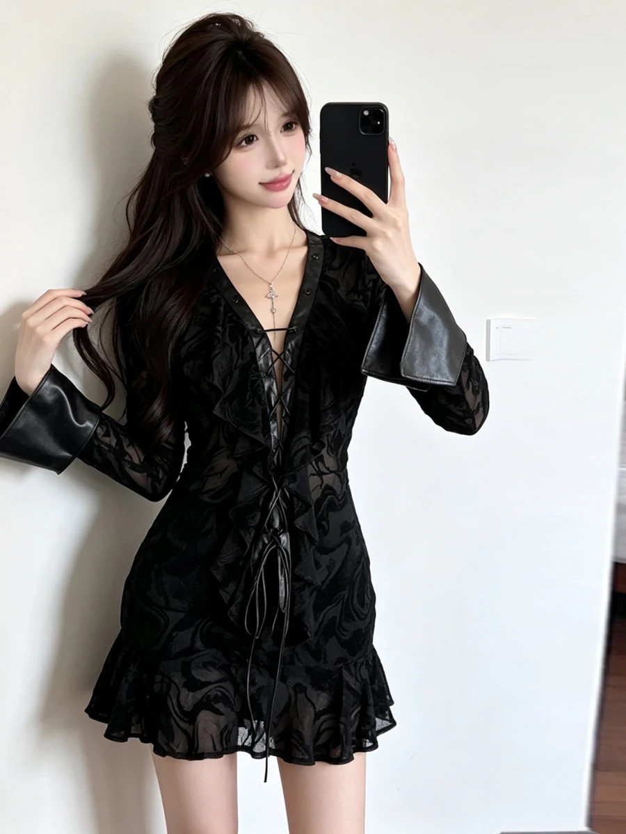 Sexy Low Cut V Neck Lace Dress Slimming Fish Tail Skirt Gathered Waist High Quality Hepburn Style Long Sleeve Women's Dress