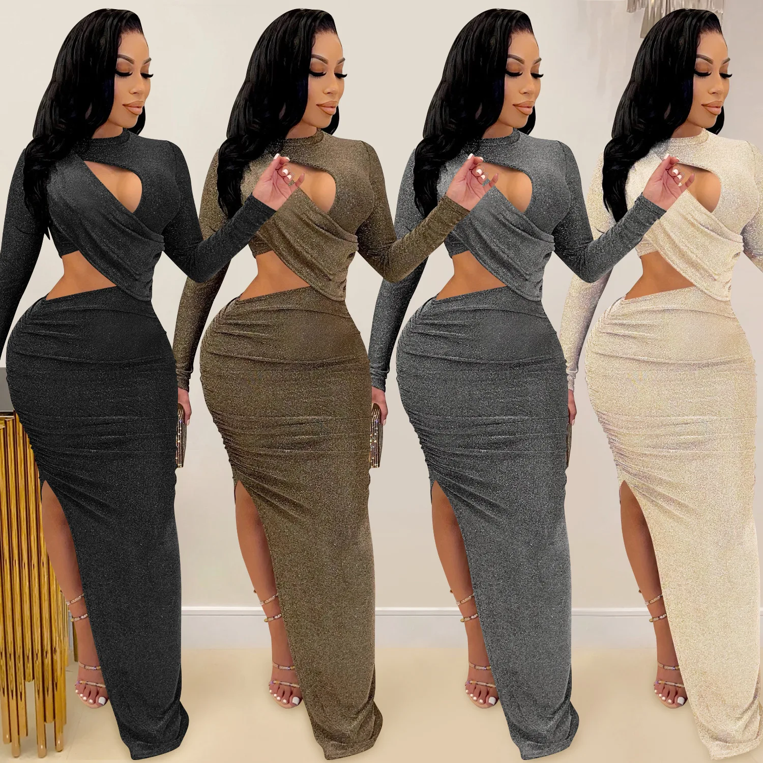 

Black solid color round neck long sleeve hollow split dress dress evening dress sexy temperament thin high-end classic clothing