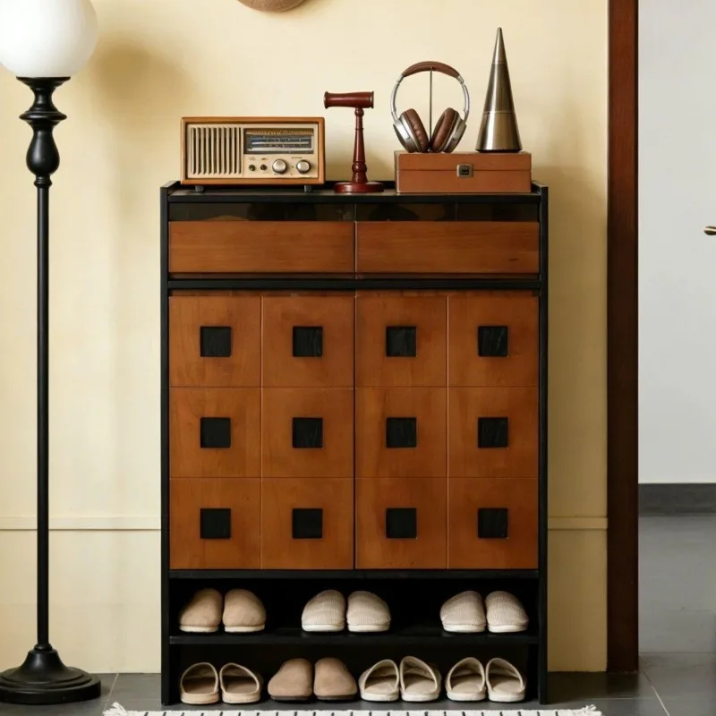 

Solid wood antique shoe cabinet household entrance small apartment entrance integrated storage locker against the wall