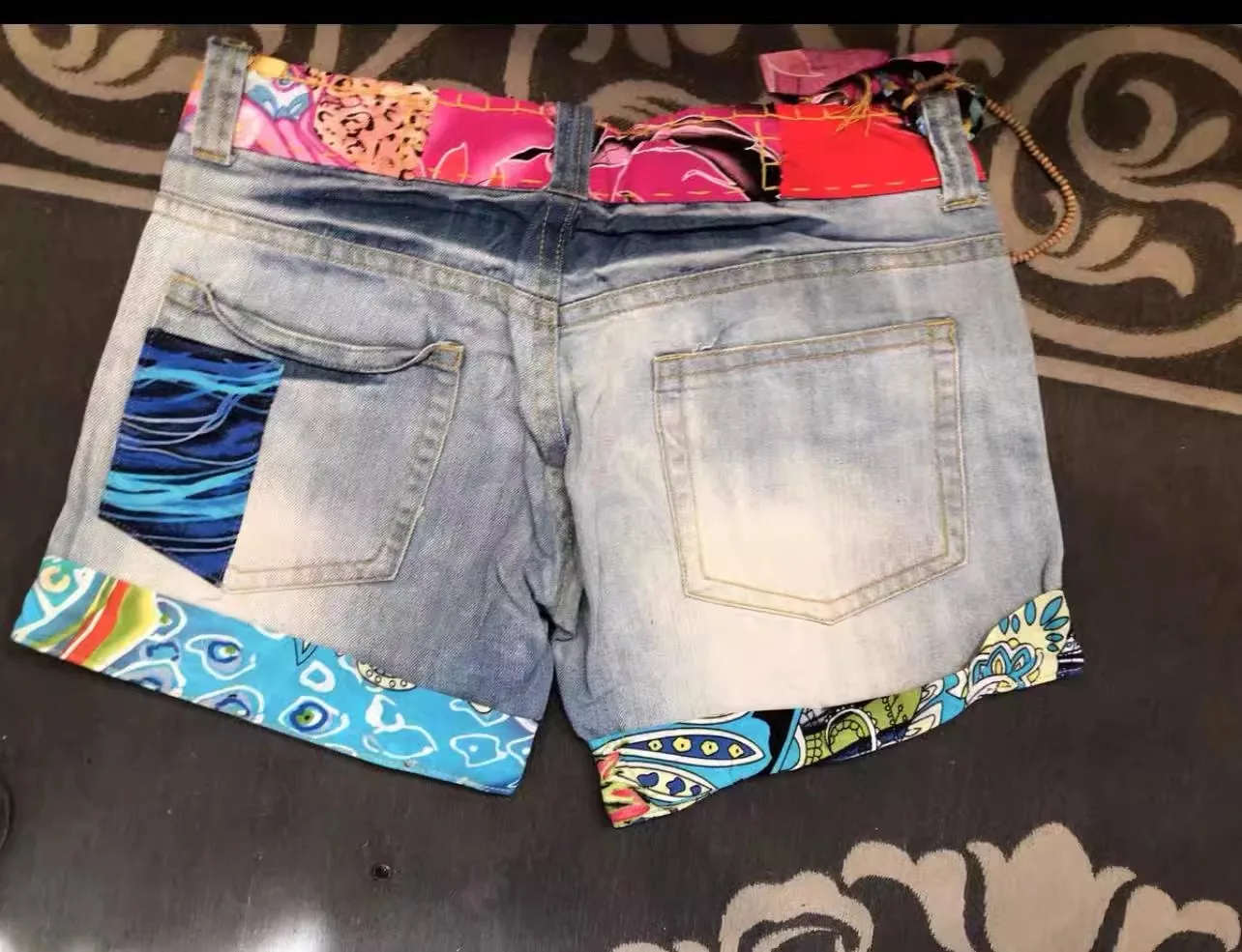 Spanish trend brand classic ethnic style patchwork denim shorts mid-waist