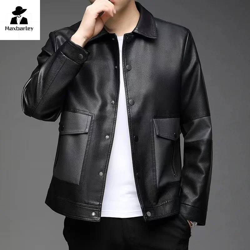 

Autumn Men's Leather Jacket Classic Business Lapel Color Block Coat Winter Men's Fleece Warm Oblique Zipper Pu Leather Coat 2024